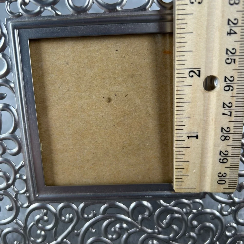 Square Metal Picture Frame Silver Tone Open Scroll Work Design ~2.5x2.5” Opening